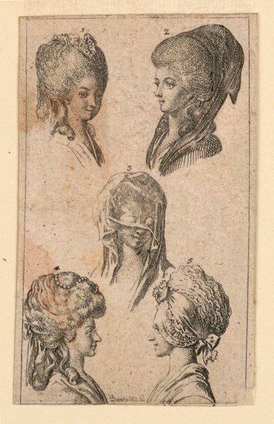 Pět pokrývek hlavy, jak je nosily berlínské ženy, ilustrace pro "Königl: Grosbritský [anian] genealogický kalendář na rok 1782 Lauenberg od J.G. Berenberga" od Daniel Nikolaus Chodowiecki