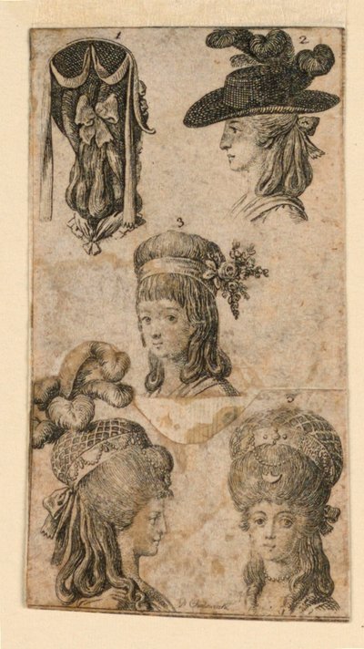 Pět pokrývek hlavy pro ženy, dva fragmenty ilustrací pro "Königl: Grosbritský [anian] genealogický kalendář na rok 1781 Lauenberg od J.G. Berenberga" od Daniel Nikolaus Chodowiecki