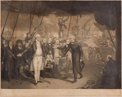 Vítězství lorda vikomta Duncana a rezignace admirála De Wintera na palubě lodi Venerable, říjen 1797 (tečkovaná rytina) od Daniel Orme