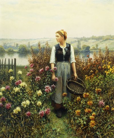 Dívka s košíkem v zahradě, od Daniel Ridgway Knight
