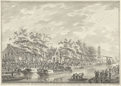 Příjezd Amsterdammerů do Utrechtu, 1787 Pohled Na Příjezd Amsterdamských Občanů Na Utregt V De Rooy Brug. Po Den Dom vidět. 1787. (název na předmětu) od Daniël Kerkhoff