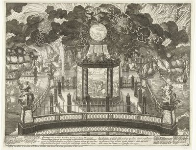 Ohňostroj na Hofvijveru na oslavu vítězství ve Vigu, 1702 Vyobrazení ohňových děl Her Hoog Moogde Heeren Staten General der Vereenigde Neederlanden vysvěcená pro použití Heerlicke úspěchů jiných zbraní kromě od Daniël Marot (I)