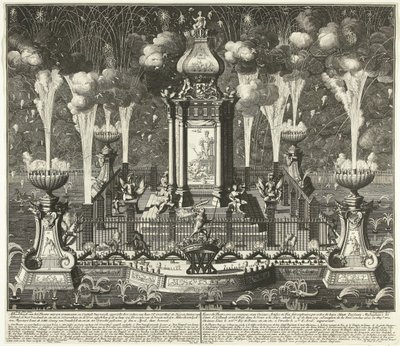 Ohňostroj na oslavě smlouvy z Utrechtu, 1713 Obrázek divadla se synovými ozdobami a ohňostrojem constigh, postavený ordere van Haar Ed. Groot Mog: Heeren Staten van Holland a West Vriesland (...) v Haagu, ve vyver ( od Daniël Stopendaal