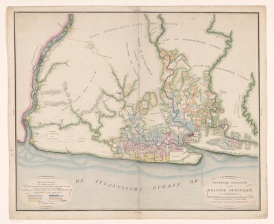 Část mapy Surinamu Obecná mapa kolonie Surinam, zobrazující především současné budovy této kolonie od Daniël Veelwaard (I)