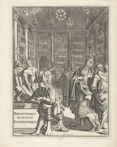 Interiér knihovny s duchovenstvem Titulní strana pro: Bibliotheque des Authors Ecclesiastiques, bez roku od Daniël met de Penningen
