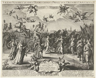 Alegorický triumfální zápis Fredericka Henryho, 1629 Victori-Waeghen vanden Serene Airways Prince of Orangien, Grave of Nassou atd. (titul na předmětu) od Daniël van den Bremden