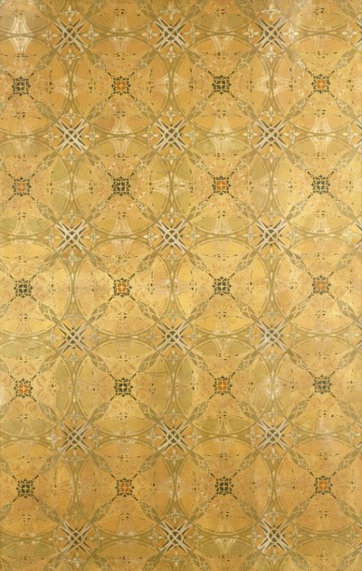 Stropní panel s opakujícím se abstraktním listovým vzorem v olivově zelené, okrové, červené a žluté, kolem roku 1893 od Dankmar Adler