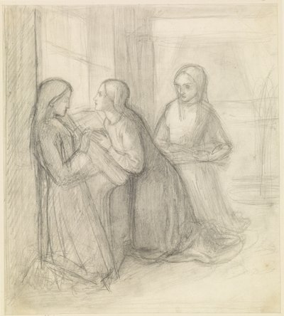(Možná) Svatá Alžběta Uherská klečící se svými společnicemi Isentrudis a Gutou od Dante Gabriel Charles Rossetti