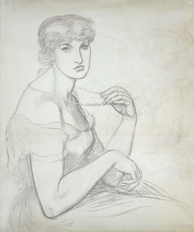 Sedící žena držící náhrdelník, vpravo jiná ženská postava, od Dante Gabriel Charles Rossetti