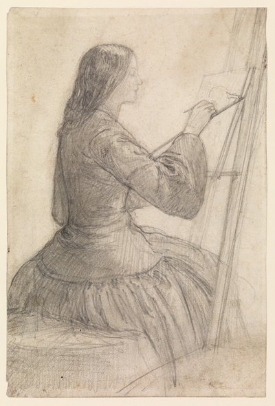 Elizabeth Siddal sedící u stojanu, obraz, 1854-55 circa od Dante Gabriel Charles Rossetti