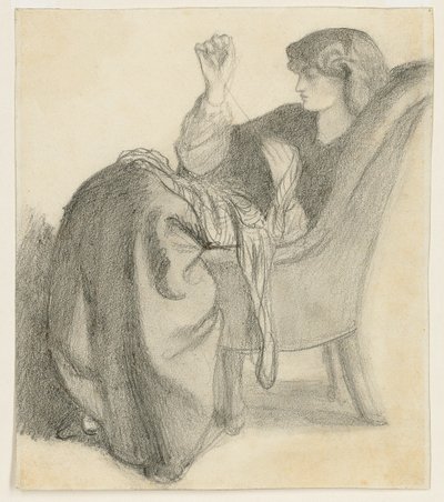 Lachesis: Studie Jane Morrisové sedící v šití židlí, 60. léta 19. století od Dante Gabriel Charles Rossetti