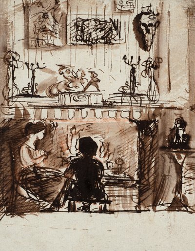 Lizzie Siddalová a Woolner v imaginárním pokoji (pero, tuš a wash) od Dante Gabriel Charles Rossetti