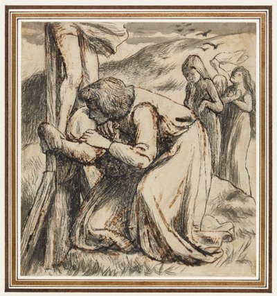 Svatý Jan utěšuje Pannu Marii u paty kříže, asi 1857-58 (pero, indická tuš a sépiová barva na papíře) od Dante Gabriel Charles Rossetti