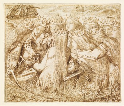 Návrh pro Moxonova Tennysona - král Artuš a plačící královny od Dante Gabriel Rossetti