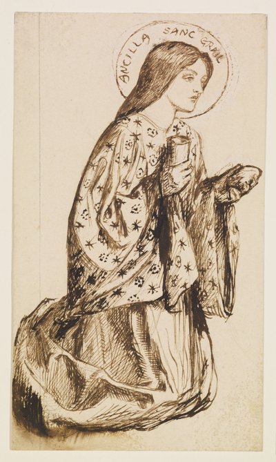 Launcelot ve svatyni svatého grálu - Studie k Andělu svatého grálu od Dante Gabriel Rossetti