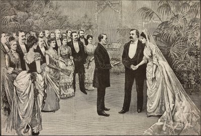 Svatba amerického prezidenta Grovera Clevelanda a Frances Folsomové, 2. června, Washington, Spojené státy americké, kresba Dante Paolocci, rytina z L