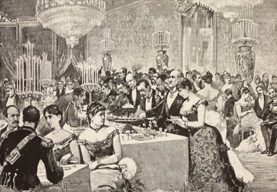 Bufetová místnost, Soudní ples v Quirinale, Řím, Itálie, rytina z kresby Dante Paolocci, z L