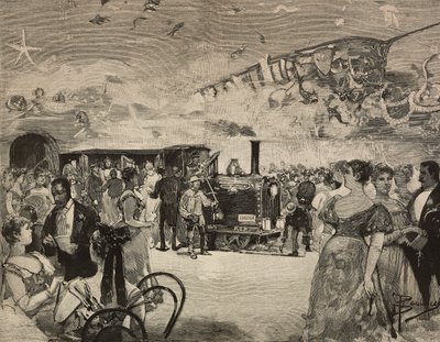 Karnevalový večírek v Mezinárodním uměleckém klubu (Circolo Artistico) v Římě, Itálie, rytina podle kresby Dante Paolocci, z L