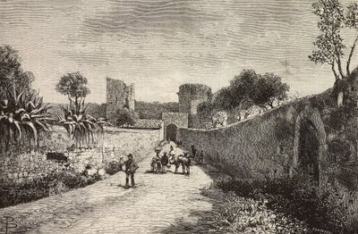 Castello gate, Corneto Tarquinia, Itálie, rytina z kresby Dante Paolocci, z L