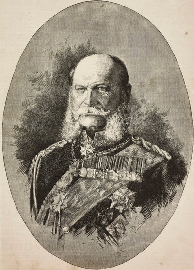 Německý císař Vilém I. (1797-1888) v roce 1887, rytina z kresby Dante Paolocci, z L