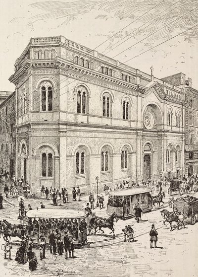 Evangelický kostel na Via Nazionale, Řím, Itálie, rytina z kresby Dante Paolocci, z L