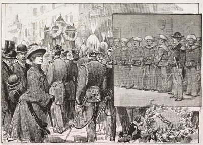 Pohřeb admirála Luigi Buglione di Monale (1821-1884), Řím, Itálie, rytina z kresby Dante Paolocci, z L