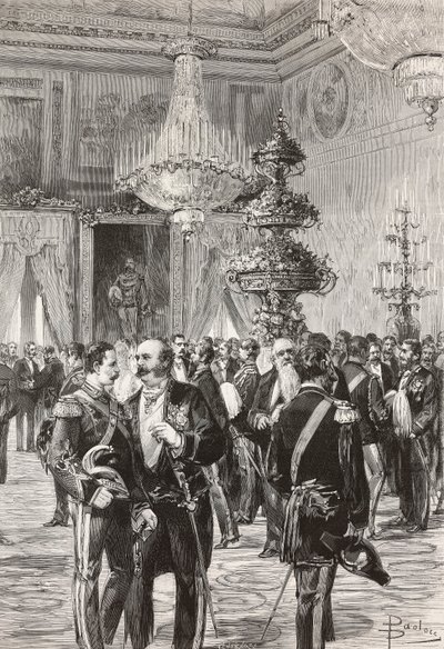 Italští politici a důstojníci slaví Silvestra v paláci Quirinal, Řím, Itálie, rytina Centenari z kresby Dante Paolocci, z L