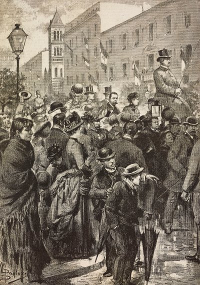 Král Umberto I. a královna Margherita vracející se z návštěvy Neapole zasažené cholerou, Řím, Itálie, rytina z kresby Dante Paolocci, z L