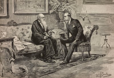 Král Umberto I. Savojský (1844-1900) a předseda rady Agostino de Pretis (1813-1887), rytina z kresby Dante Paolocci, z L
