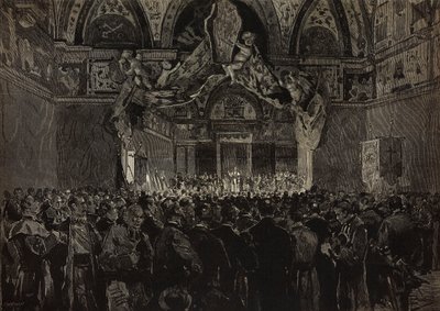 Lev XIII. přijímá francouzské poutníky v Ducal Hall, Papežské jubileum, Vatikán, rytina z kresby Dante Paolocci, z L