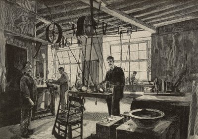 Mechanická dílna v mincovně v Římě, Itálie, rytina podle kresby Dante Paolocci, z L