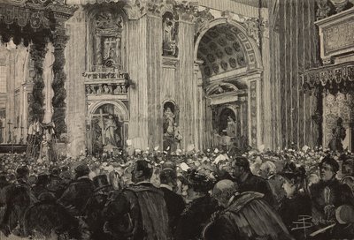 Papežské požehnání u příležitosti biskupského jubilea Lva XIII, bazilika svatého Petra, Vatikán, rytina podle kresby Dante Paolocci, z L