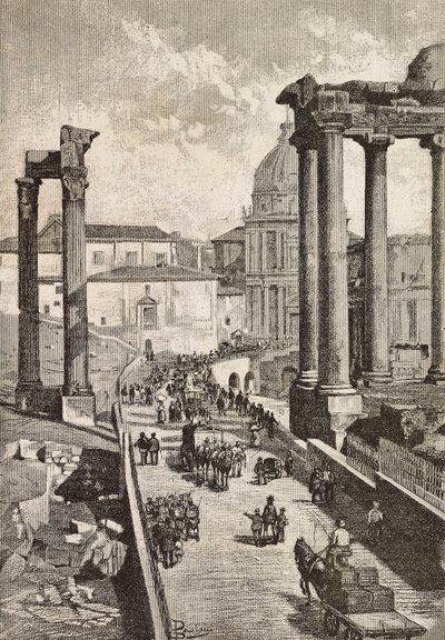 Kulku Forumin läpi, Rooma, Italia, kaiverrus Dante Paoloccin piirroksesta, L