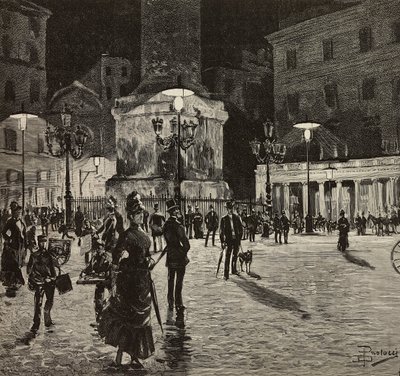 Piazza Colonna osvětlená elektrickým světlem, Řím, Itálie, kresba Dante Paolocci, rytina z L