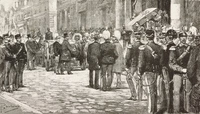 Politici a důstojníci se účastní pohřebního průvodu Luigiho Mezzacapa (1814-1885), italského politika a důstojníka, Řím, Itálie, rytina z kresby Dante Paolocci, z L