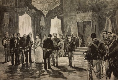 Neapolský princ, Alfonso Maria Giuseppe Alberto z Bourbonu-Dvě Sicílie v uniformě podporučíka, na novoroční recepci v Quirinal, Itálie, rytina z kresby Dante Paolocci, z L