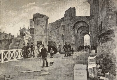 Veřejný chodník (Summa Nova Via) v Palazzo dei Cesari, Řím, Itálie, rytina z kresby Dante Paolocci, z L