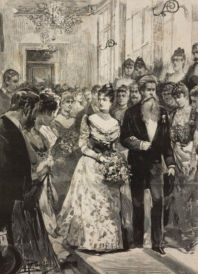 Královna Margherita Savojská na večírku Artistic Club (Circolo Artistico) v Římě, doprovázená sochařem Giulio Monteverde, Itálie, rytina po kresbě Dante Paolocci, z L
