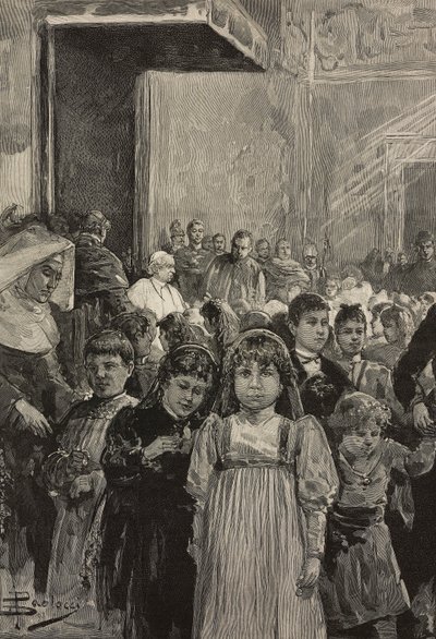 Přijetí dětí na jubilejních oslavách papeže Lva XIII., Vatikán, rytina po kresbě Dante Paolocci, z L
