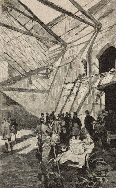 Pozůstatky izraelského divadla po požáru 1893, Řím, Itálie, rytina podle kresby Dante Paolocci, z L