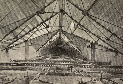 Střecha a kovový krov podpírající strop, nové rameno archbaziliky svatého Jana v Lateránu, Řím, Itálie, kresba Dante Paolocci, rytina z L