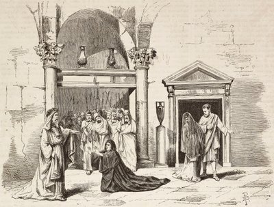 Kabinet nejvyššího pontifika v paláci, Postumia prosící Fabio Massimo, Rome Vaincue od Alexandra Parodiho, dějství V, rytina Dante Paolocci ze skic od Zandomenica z L