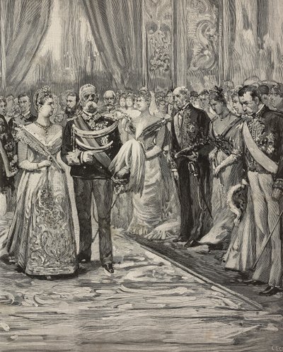 Umberto I a Margherita Savojská na koncertě u příležitosti jejich stříbrné svatby, Palazzo del Quirinale, Řím, Itálie, rytina podle kresby Dante Paolocci, z L
