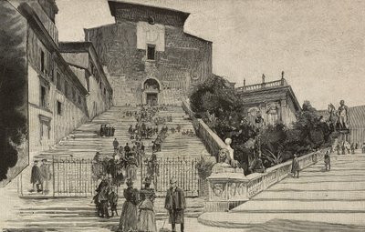 Pohled na baziliku Santa Maria v Aracoeli, Řím, Itálie, rytina po kresbě Dante Paolocci, z L