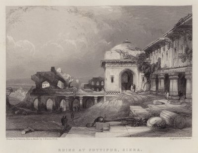 Ruiny ve Futtipur, Sikra (barva litho) od David (after) Roberts