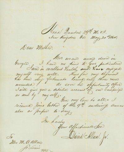 Dopis podepsaný Davidem Allanem, Jr., Head Quarters 29th M.V.I., poblíž Kingston, Georgia, jeho matce paní M. A. Allan, St. Louis, Mo., 20. května 1864 od David Allan
