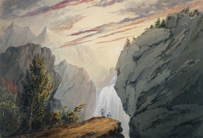 U vodopádu, cca 1850 (akvarel, arabská guma a kvaš na špinavě bílém tkaném papíře) od David Claypoole Johnston