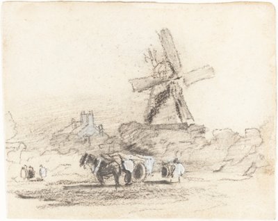 Vozík se dvěma koňmi poblíž větrného mlýna od David Cox