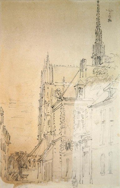 Katedrála v ulici (křída a mytí na papíře) od David Cox