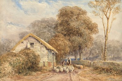 Poutník na koni s pastýřem a jeho ovcemi u stodoly na venkovské cestě. od David Cox